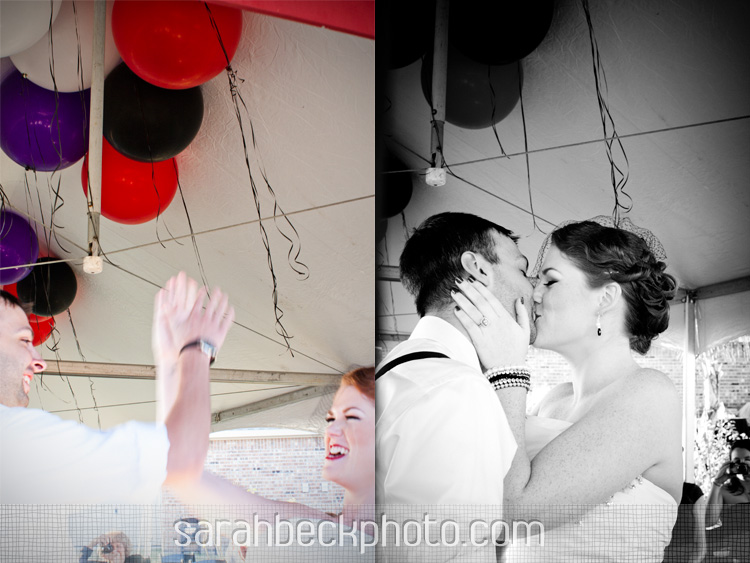 circus wedding ceremony under a big top tent - bride and groom high five and first kiss